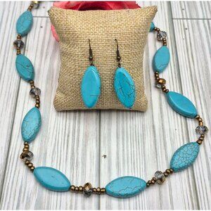 Artisan Bronze Bead & Howlite Stone Faux Turquoise Collar Necklace & Earring Set